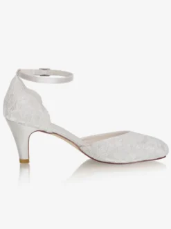 Chaussures De Mariée Vintage Ivoire En Satin Sangle Talon Carrée Chaussures Mariage Rétro