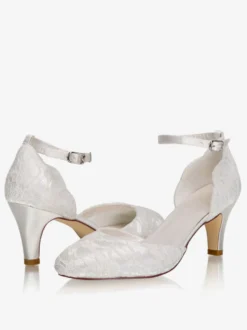 Chaussures De Mariée Vintage Ivoire En Satin Sangle Talon Carrée Chaussures Mariage Rétro