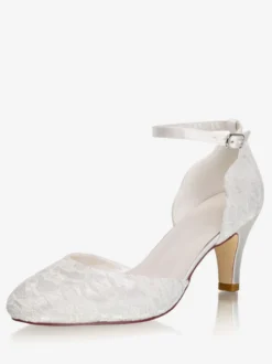 Chaussures De Mariée Vintage Ivoire En Satin Sangle Talon Carrée Chaussures Mariage Rétro