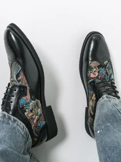 Chaussures Derby noires pour hommes bout rond imprimées style Oxford