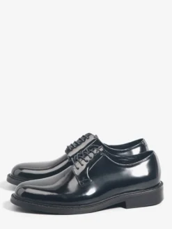 Chaussures Derby pour hommes en cuir véritable noir bout rond à lacets pour soirées et bals de promo
