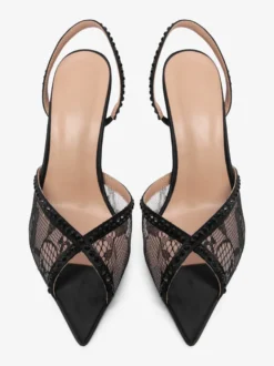 Chaussures de soirée en dentelle à bout ouvert et strass noirs chaussures de soirée à talons hauts et bride arrière