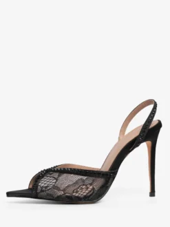 Chaussures de soirée en dentelle à bout ouvert et strass noirs chaussures de soirée à talons hauts et bride arrière