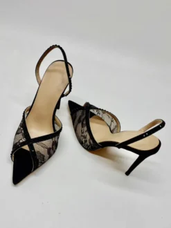 Chaussures de soirée en dentelle à bout ouvert et strass noirs chaussures de soirée à talons hauts et bride arrière