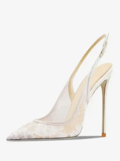 Chaussures de soirée en dentelle blanches à bout pointu et talon haut