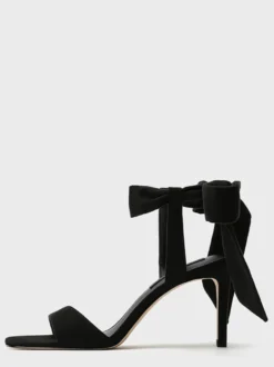Chaussures de soirée noires en velours à bout ouvert bride cheville et nœud papillon