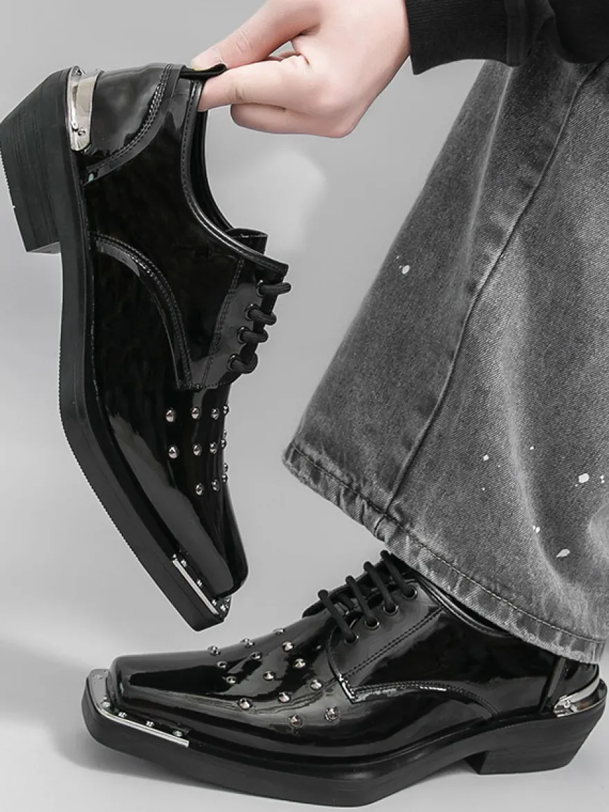 Chaussures de soirée noires pour hommes bout carré lacets et perles