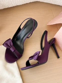 Chaussures de soirée pour femmes bout ouvert en satin nœud talons hauts chaussures de bal de fin d'année
