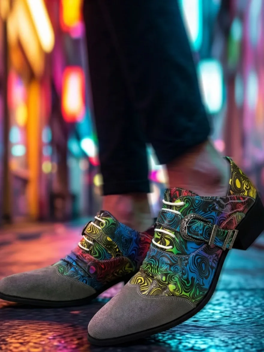 Chaussures de soirée pour hommes bout rond imprimées avec boucle.