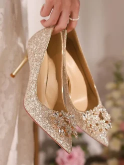 Chaussures de soirée à talons hauts chaussures de bal à bout pointu et strass
