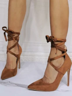 Chaussures de soirée à talons hauts café marron bout pointu talon aiguille chaussures de soirée à lacets