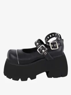 Chaussures gothiques Lolita avec œillets métalliques noirs bout rond chaussures Lolita en cuir PU