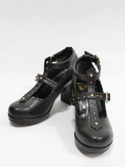 Chaussures gothiques Lolita Escarpins Lolita à talons épais en cuir PU avec rivets lavande