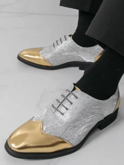 Chaussures habillées dorées pour hommes bout rond patchwork lacets chaussures décontractées