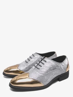 Chaussures habillées dorées pour hommes bout rond patchwork lacets chaussures décontractées