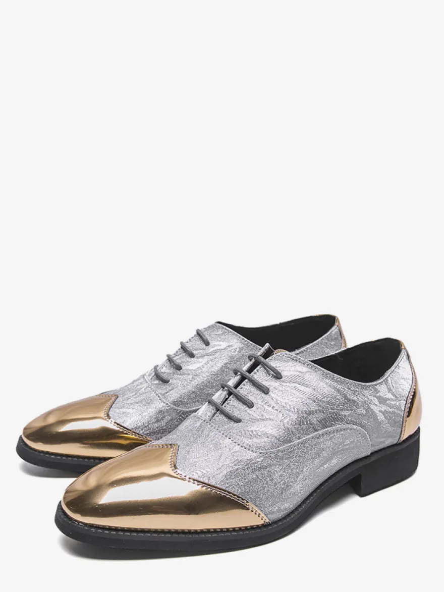 Chaussures habillées dorées pour hommes bout rond patchwork lacets chaussures décontractées
