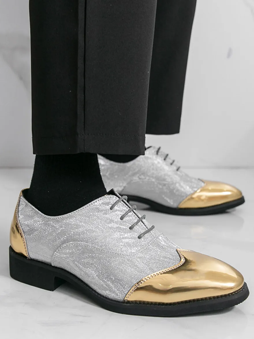 Chaussures habillées dorées pour hommes bout rond patchwork lacets chaussures décontractées