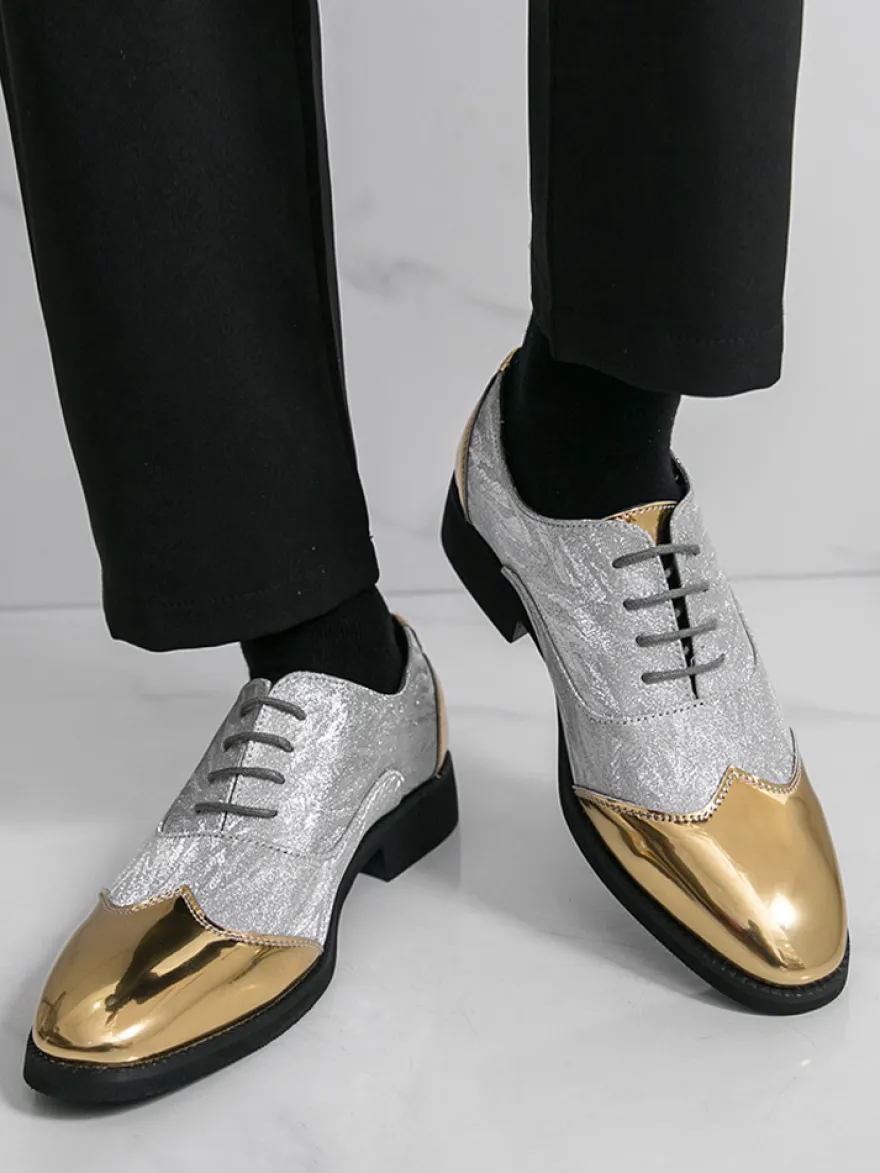 Chaussures habillées dorées pour hommes bout rond patchwork lacets chaussures décontractées