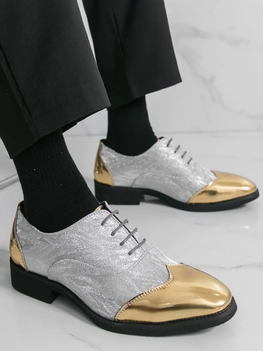 Chaussures habillées dorées pour hommes bout rond patchwork lacets chaussures décontractées