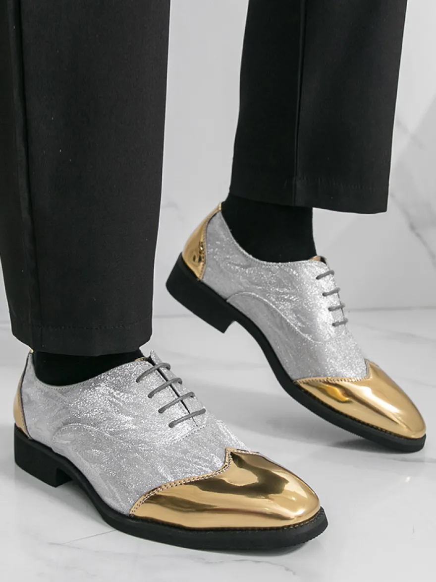 Chaussures habillées dorées pour hommes bout rond patchwork lacets chaussures décontractées