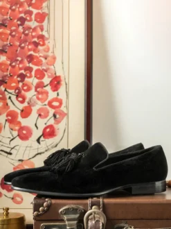 Chaussures habillées en velours pour hommes bout rond à enfiler chaussures de bal formelles avec pompons