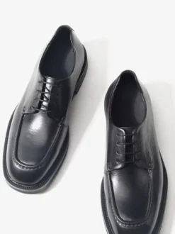 Chaussures habillées noires à bout rond et lacets en cuir véritable pour hommes