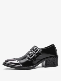Chaussures habillées noires pour hommes à talon épais et boucle décorative à enfiler