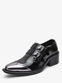 Chaussures habillées noires pour hommes à talon épais et boucle décorative à enfiler