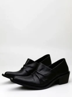 Chaussures habillées noires pour hommes bout pointu talon épais froncé à enfiler