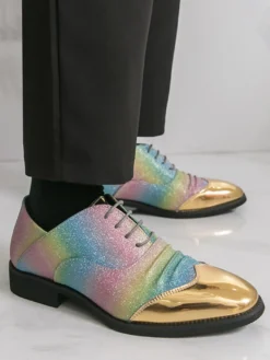 Chaussures habillées à paillettes pour hommes bout rond patchwork lacets chaussures décontractées