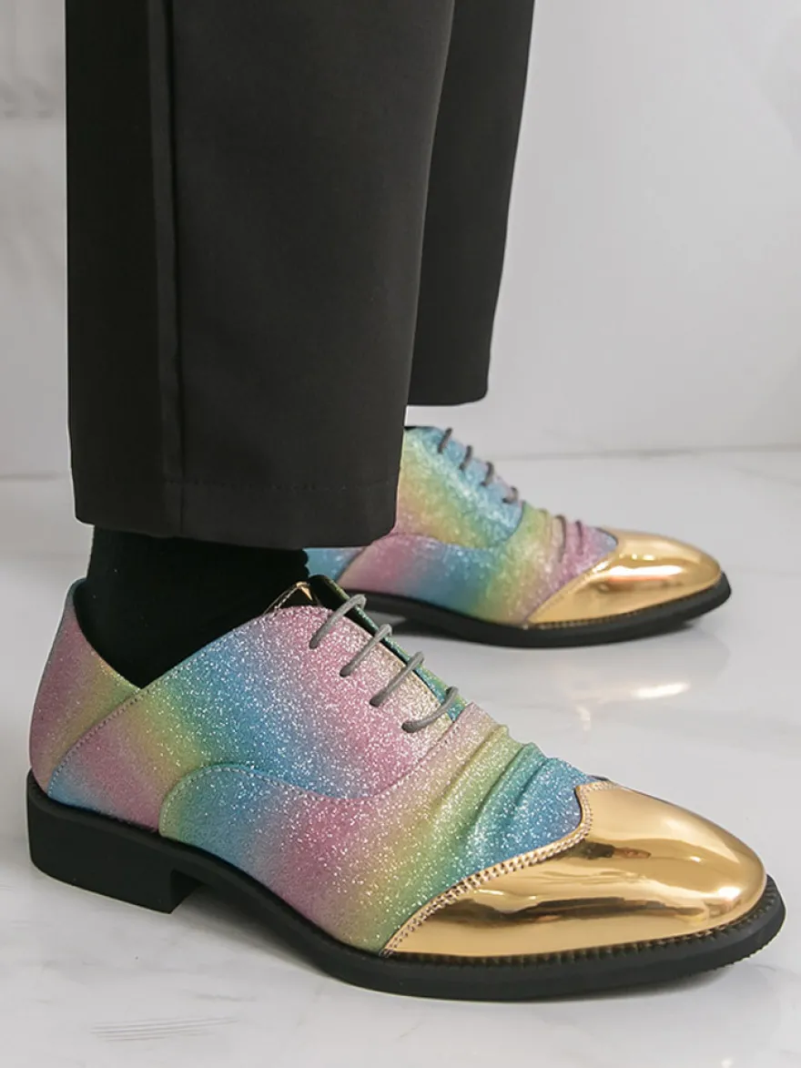 Chaussures habillées à paillettes pour hommes bout rond patchwork lacets chaussures décontractées