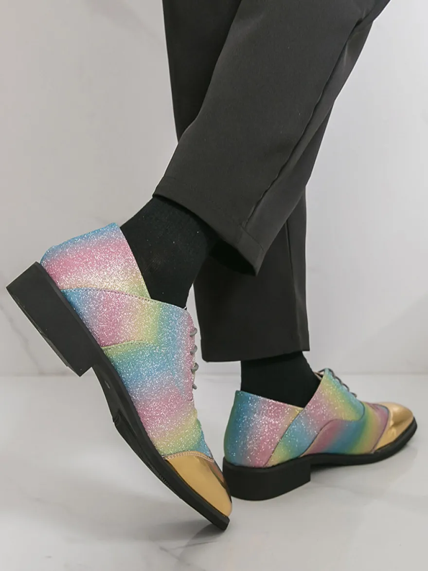 Chaussures habillées à paillettes pour hommes bout rond patchwork lacets chaussures décontractées