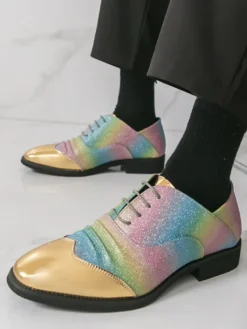 Chaussures habillées à paillettes pour hommes bout rond patchwork lacets chaussures décontractées
