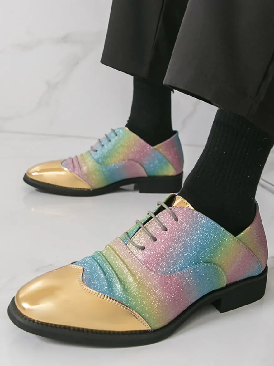 Chaussures habillées à paillettes pour hommes bout rond patchwork lacets chaussures décontractées