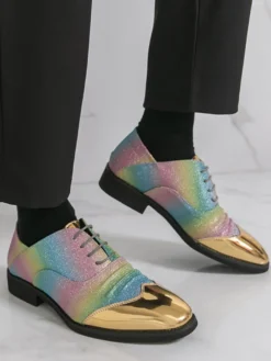 Chaussures habillées à paillettes pour hommes bout rond patchwork lacets chaussures décontractées