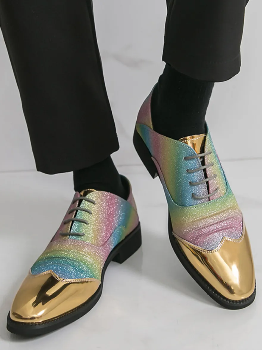 Chaussures habillées à paillettes pour hommes bout rond patchwork lacets chaussures décontractées