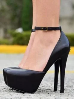 Chaussures Habillées pour Femmes 2026 Noir Talon Haut Plateforme Amande Talon Aiguille Sangle de Cheville Sandales