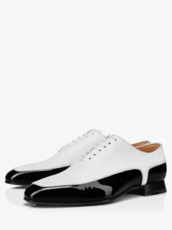 Chaussures habillées pour hommes Oxfords blanches et noires en cuir verni pour bal de promo mariage etc.