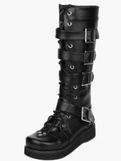 Chaussures Lolita Bottes de mode haut talon compensé plateforme en Synthétique noires avec boucles et sangles Déguisements Halloween