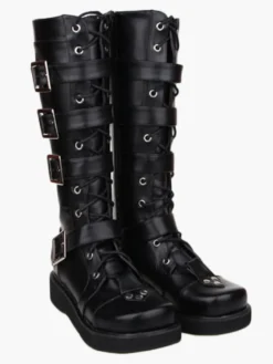 Chaussures Lolita Bottes de mode haut talon compensé plateforme en Synthétique noires avec boucles et sangles Déguisements Halloween