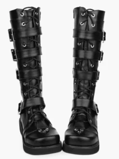 Chaussures Lolita Bottes de mode haut talon compensé plateforme en Synthétique noires avec boucles et sangles Déguisements Halloween