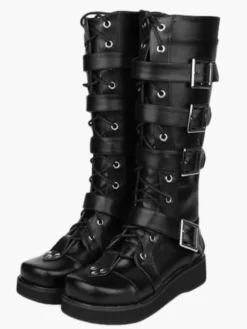 Chaussures Lolita Bottes de mode haut talon compensé plateforme en Synthétique noires avec boucles et sangles Déguisements Halloween