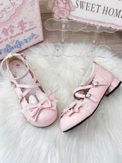 Chaussures Lolita classiques roses à nœuds et lapins en cuir PU à talons compensés.