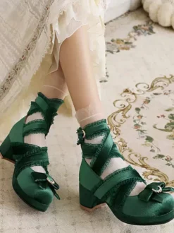 Chaussures Lolita de style ROCOCO Chaussures Lolita en nubuck à bout rond avec nœuds en dentelle noire et volants