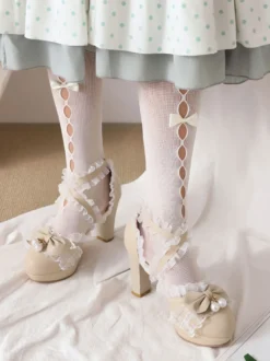 Chaussures Lolita De Style Rococo Nœuds Noirs Volants Perles Bout Rond Pompes Lolita En Cuir PU