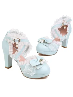 Chaussures Lolita De Style Rococo Nœuds Noirs Volants Perles Bout Rond Pompes Lolita En Cuir PU