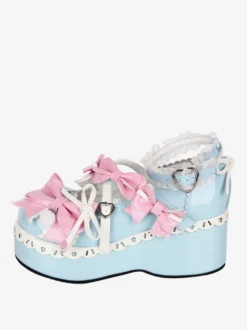 Chaussures Lolita douces bleu ciel clair à bout rond et nœud papillon en cuir PU chaussures tendance Kawaii