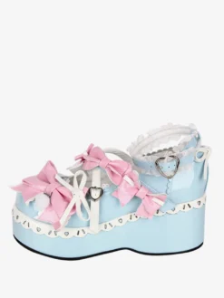 Chaussures Lolita douces bleu ciel clair à bout rond et nœud papillon en cuir PU chaussures tendance Kawaii
