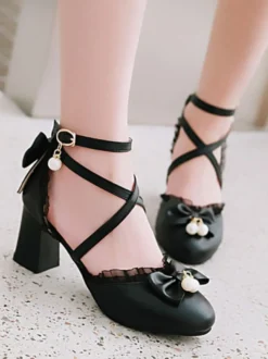 Chaussures Lolita douces à lacets en dentelle avec lacets et chaussures à talons hauts Déguisements Halloween