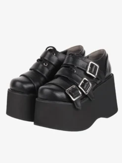 Chaussures Lolita gothiques Chaussures Lolita en cuir PU à lacets noirs